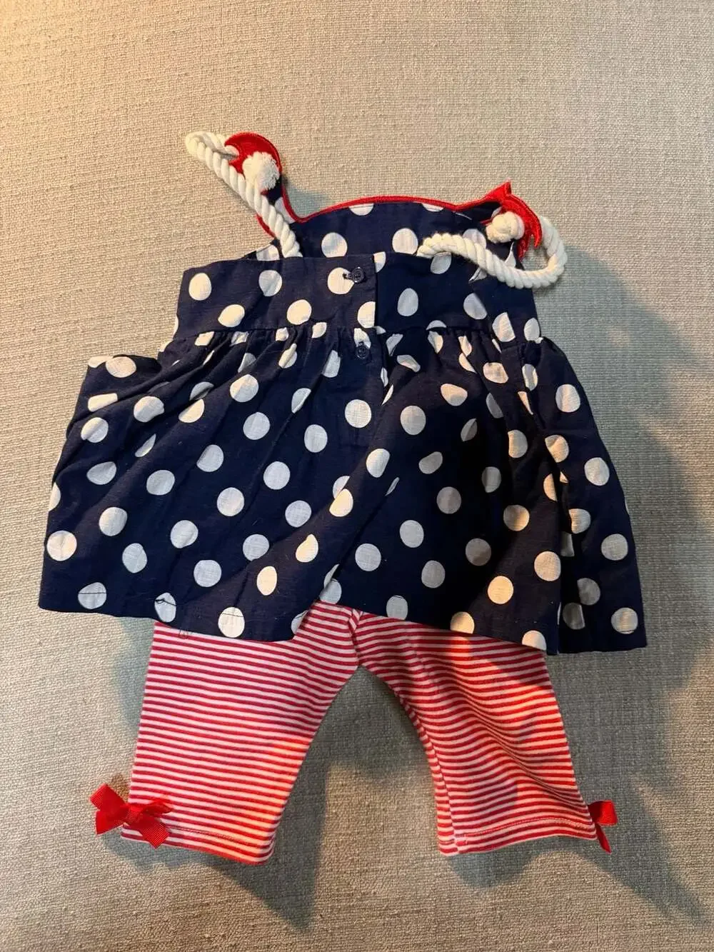 Mud Pie Toddler Girl Navy Polka Dot Crab Appliqué Dress and Stripe Legging Set